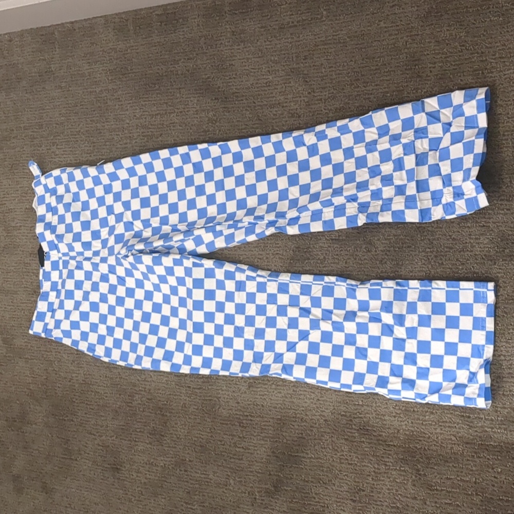 Blue and white checkered kick flares